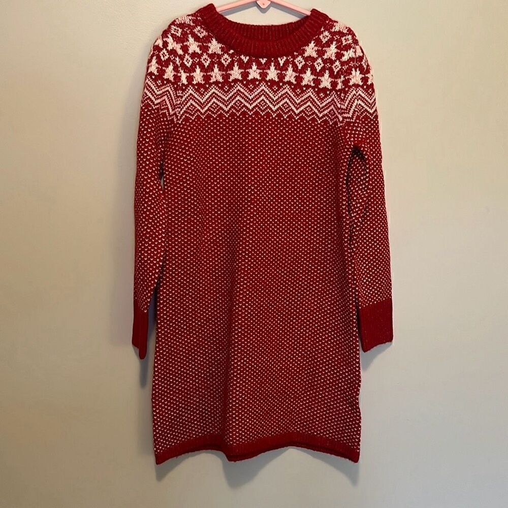 Evsie Girl’s Red Chevron Long Sleeve Crew Neck Sweater Dress Small NWT